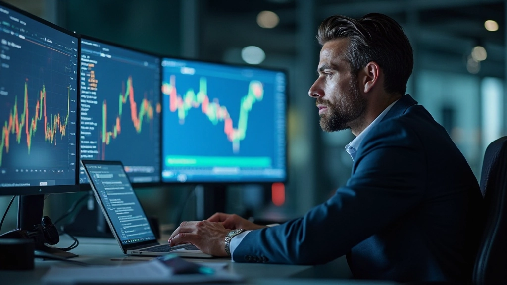 Analytiker betrachtet Wirtschaftsdaten und Markttrends auf mehreren Monitoren