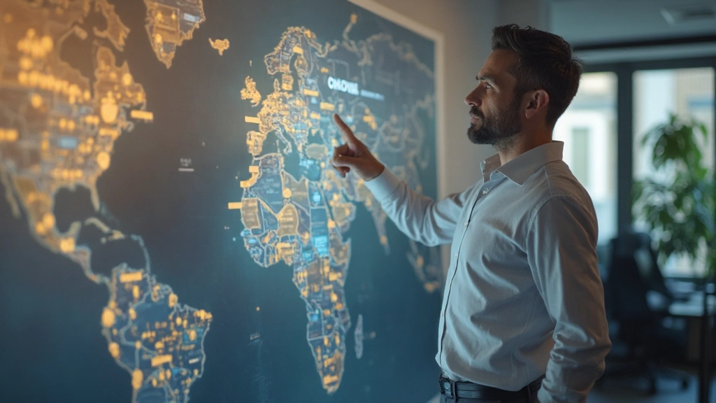 Weltkarte mit leuchtenden Handelsverbindungen zwischen globalen Finanzzentren und Börsenplätzen