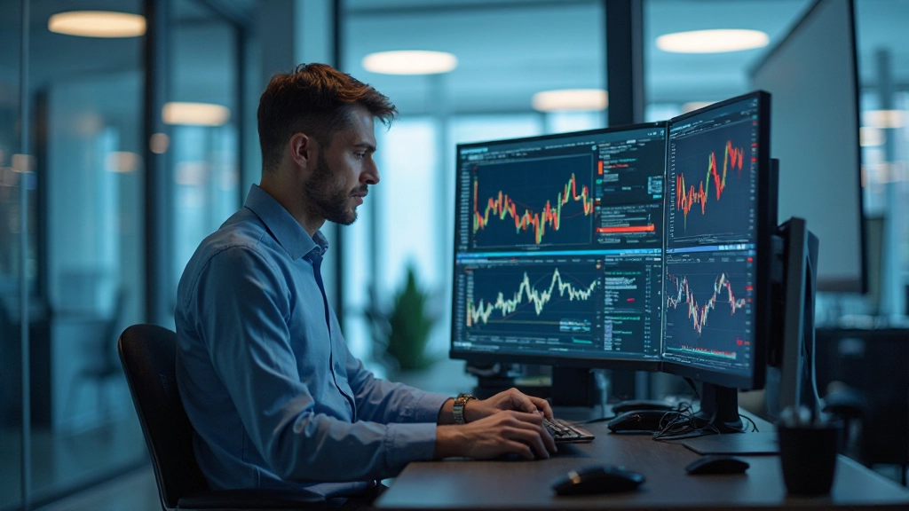 Geschäftsmänner in modernem Büro mit Grafiken und Marktdaten auf Bildschirmen analysieren Schwellenländer-Investitionen