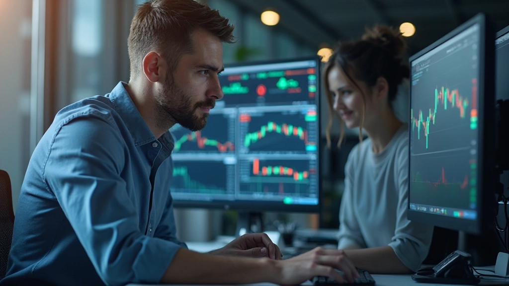Trader beobachtet Live-Marktdaten auf mehreren Monitoren mit konzentriertem Blick