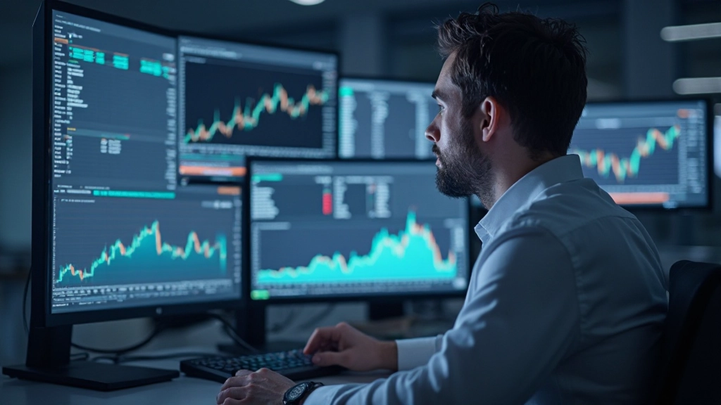 Daytrader mit Echtzeit-Marktfeeds und Nachrichtenkanal auf Bildschirmen