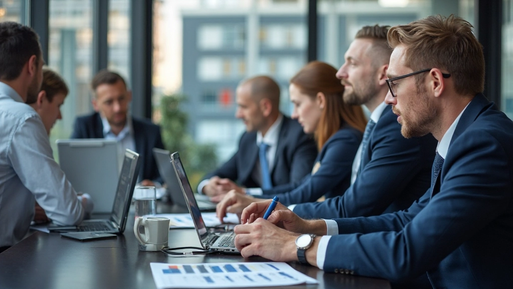 Professionelle Trader diskutieren Handelsstrategien in einer modernen Büroumgebung mit Charts im Hintergrund