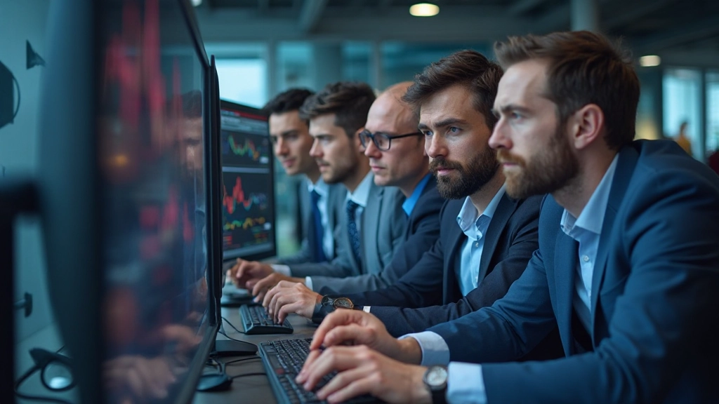 Erfolgreiches Handels-Team feiert positive Handelsresultate im modernen Börsenbüro