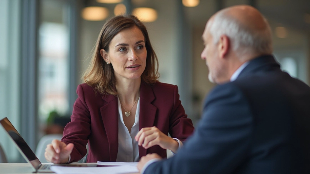 Professionelle Aufnahme eines Finanzplanungstreffens, bei dem ein Berater und ein Kunde eine Vermögensverteilungsstrategie besprechen