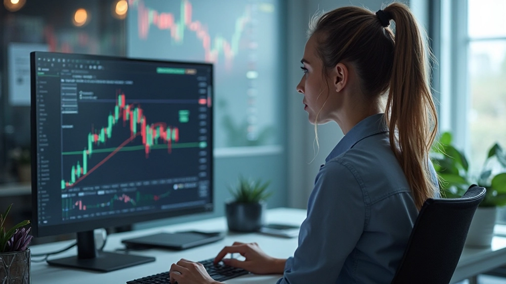 Trader analysiert technische Chartmuster und Candlestick-Formationen auf großem Bildschirm in modernem Tradingzentrum
