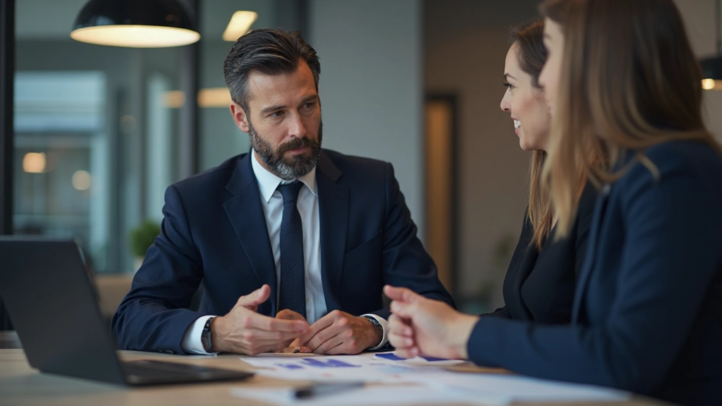 Finanzberater erklärt Kennzahlen während einer Beratung mit Kunden in professionellem Umfeld
