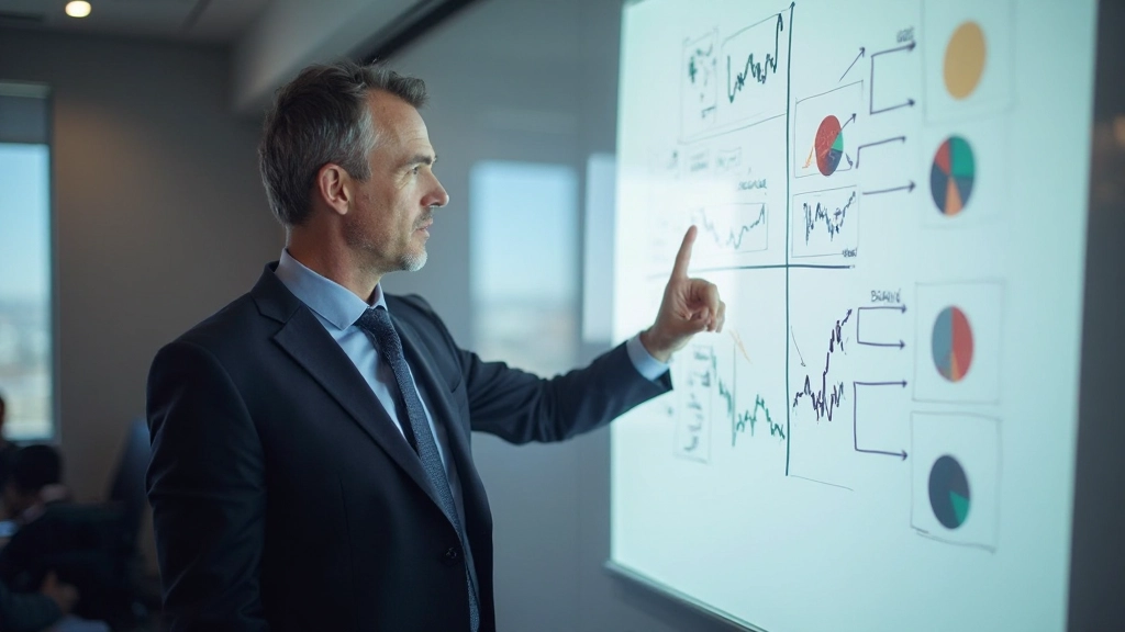 Finanzberater erklärt Markttrends anhand von Diagrammen an Whiteboard