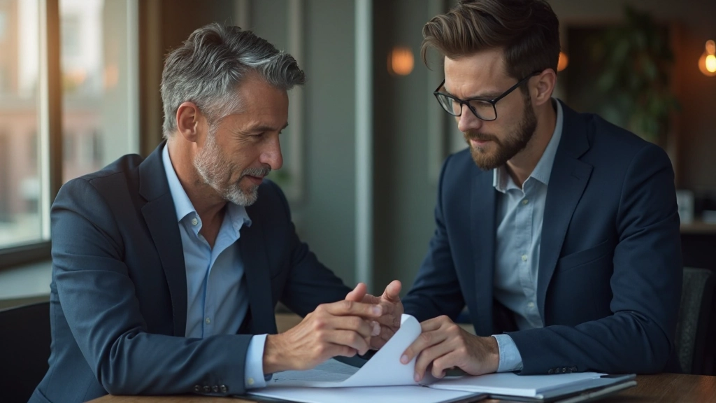 Professionelle Investitionsberatung: Finanzberater und Klient diskutieren langfristige Vermögensaufbau-Strategien an modernem Schreibtisch