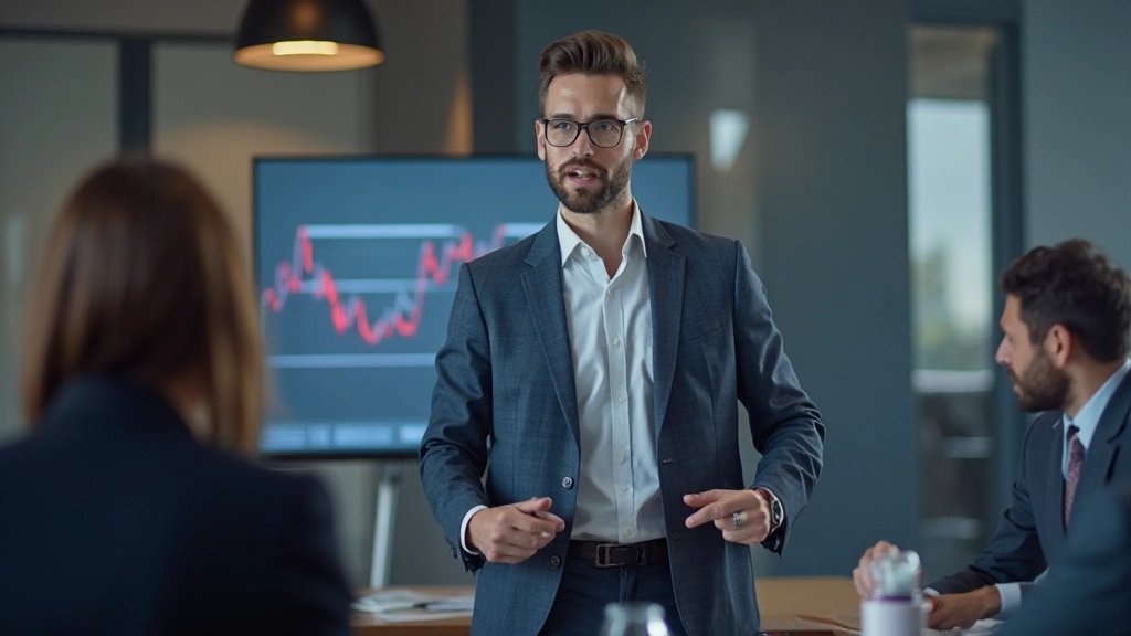 Finanzanalyst präsentiert Marktforschungsergebnisse vor Team in Konferenzraum