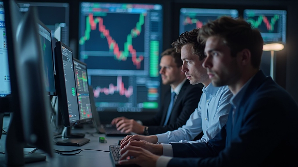 Mehrere Trader analysieren Marktdaten auf Monitoren in einer Gruppenumgebung