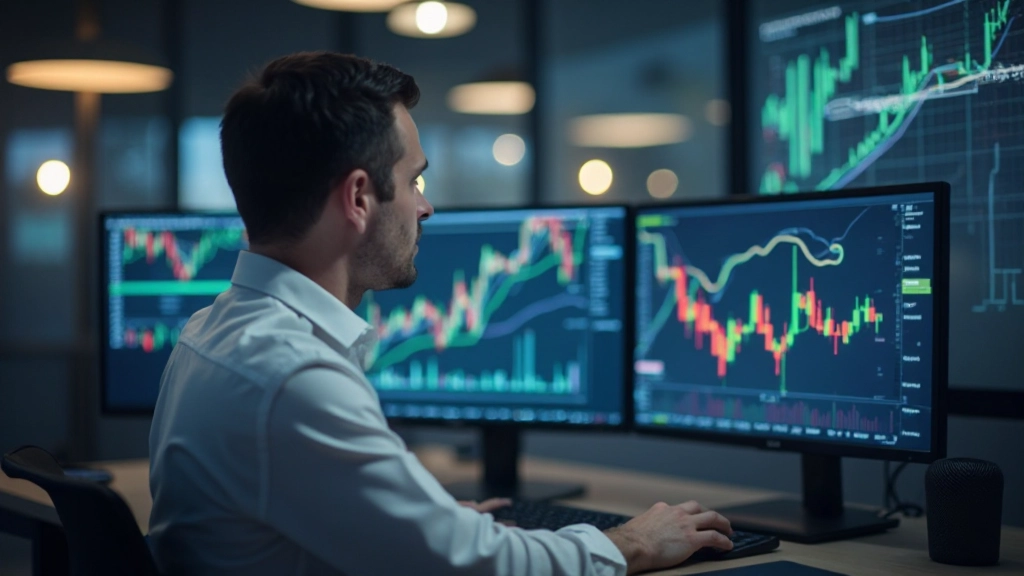 Professionelles Foto eines Analysten, der Marktdaten und Finanzcharts auf mehreren Monitoren in modernem Handelsbüro überprüft, natürliche Beleuchtung von Fenster, unscharfer Hintergrund, KEIN Text, KEINE Wasserzeichen