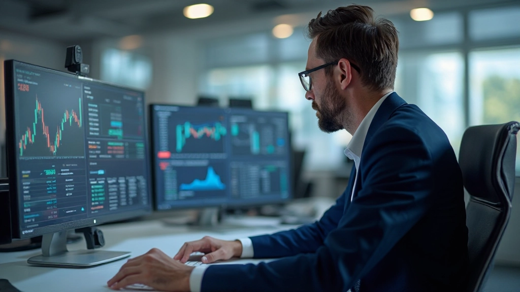 Finanzanalyst bei der Überprüfung von Marktdaten und Trading-Charts auf modernem Monitor im professionellen Büro