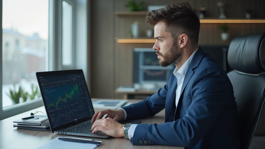 Professionelle Aufnahme eines Finanzanalysten, der Daten auf einem Laptop überprüft, modernes Büro mit natürlichem Licht