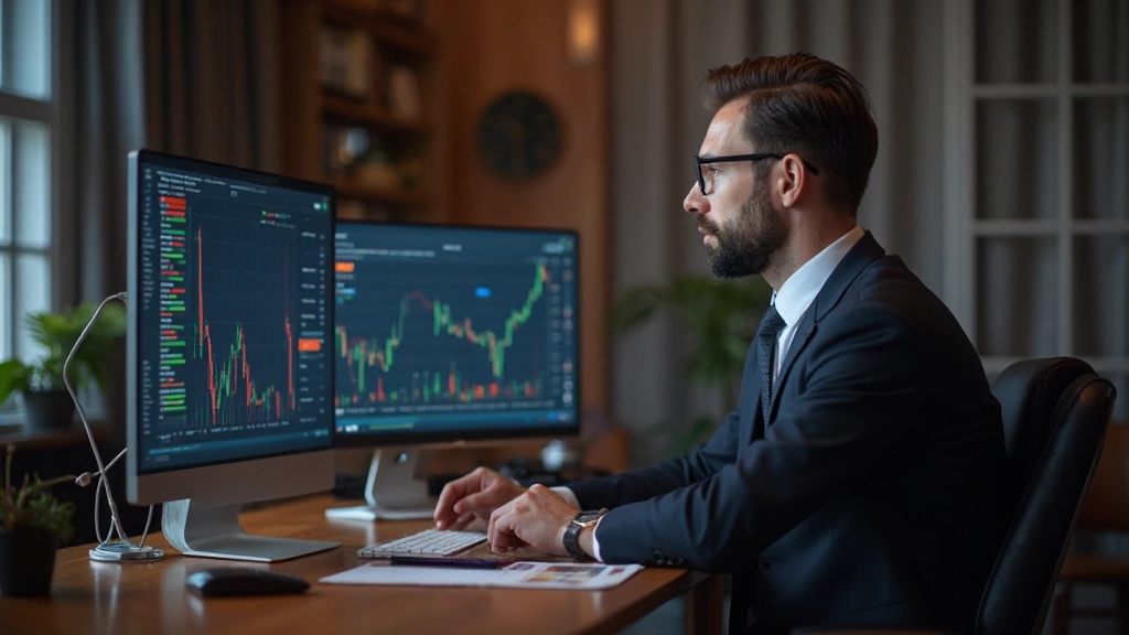 Investor überprüft Portfoliopositionen und langfristige Markttrends auf mehreren Monitoren im ruhigen Büroumfeld
