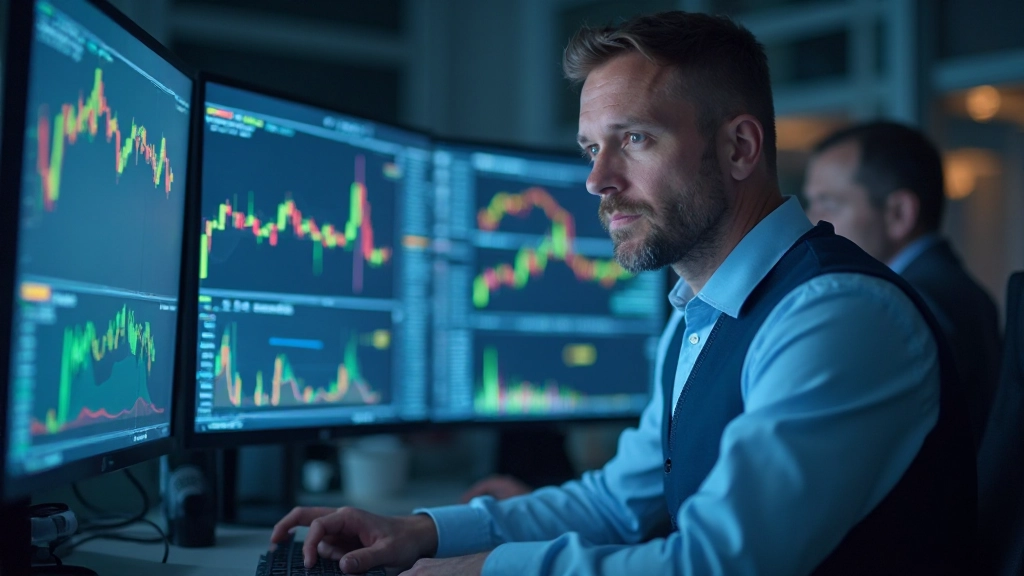 Quant-Analyst überwacht Live-Handelsperformance und Echtzeit-Daten-Feed auf mehreren Monitoren