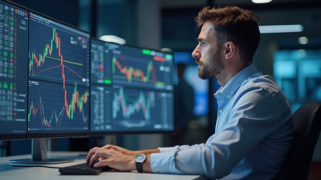 Erfolgreicher Trader analysiert Marktdaten auf mehreren Monitoren in modernem Trading-Büro mit konzentriertem Blick