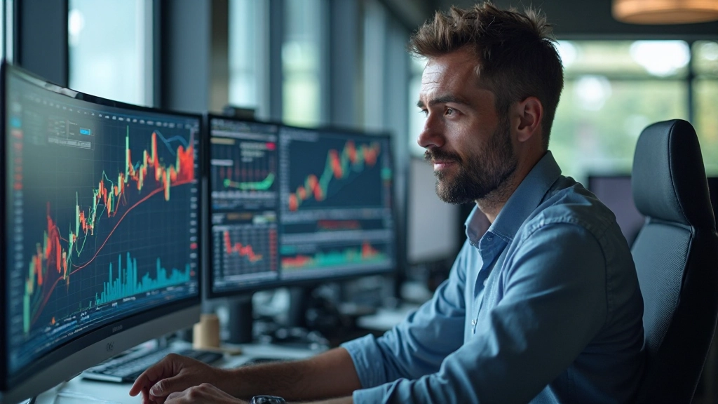 Professionelle Handelsanalyst bei der Analyse von Marktdaten auf mehreren Bildschirmen in modernem Büro