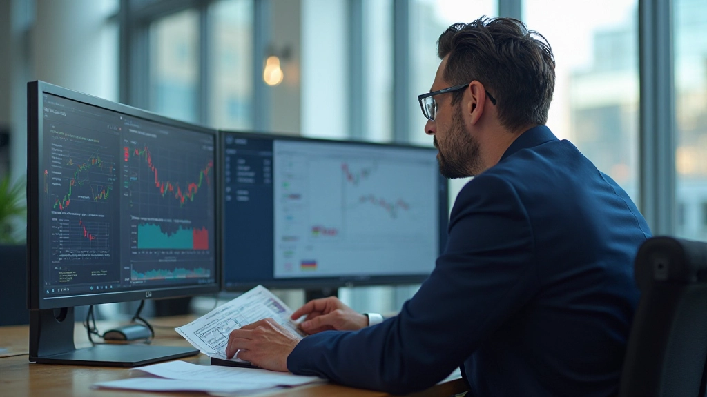 Professioneller Trader analysiert Steueroptimierungsstrategien auf einem Computerbildschirm in modernem Büro