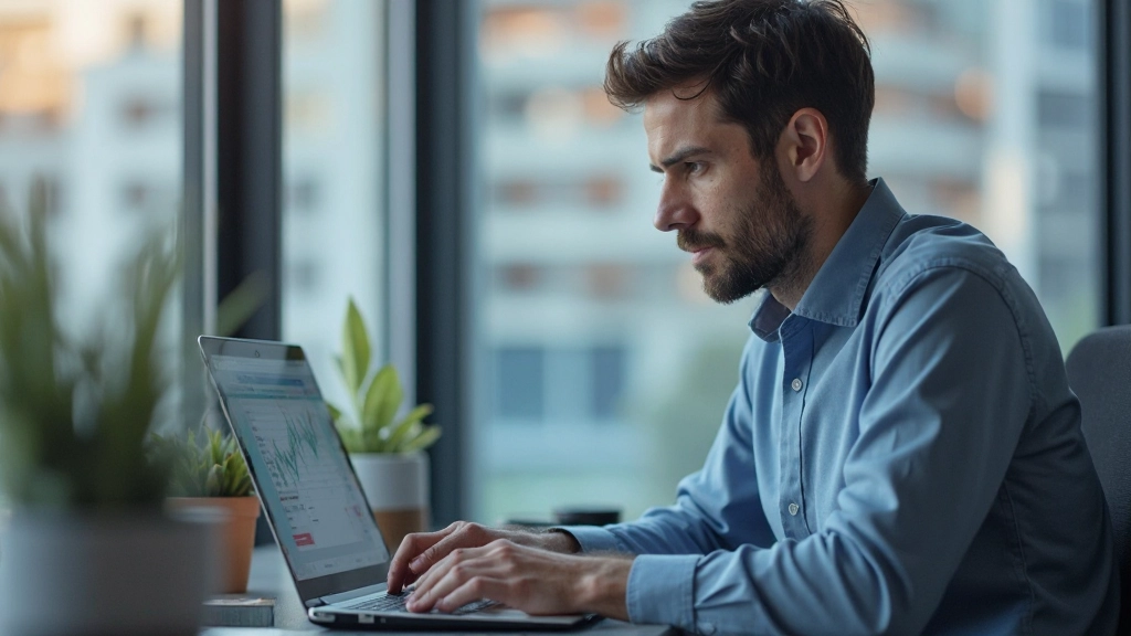 Trader überprüft Marktdaten auf Computerbildschirm in modernem Büro