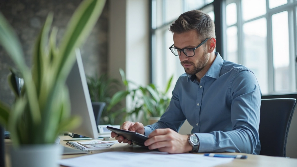 Professionelles Foto eines Mannes, der finanzielle Dokumente analysiert und mit einem Taschenrechner arbeitet