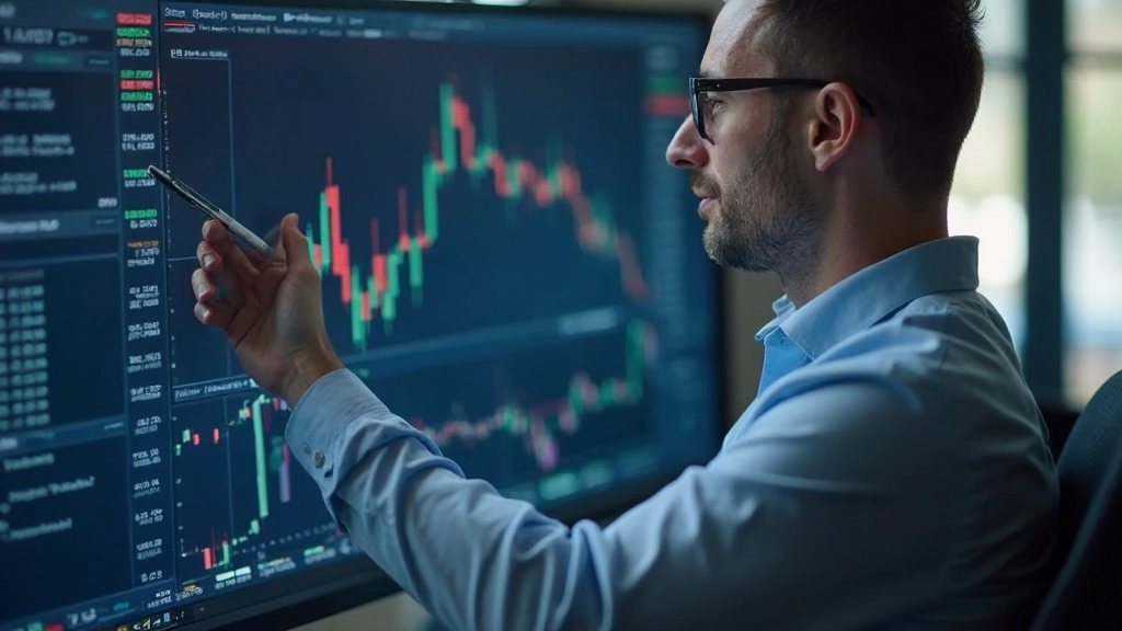 Analyst untersucht Aktienkursdiagramme und Datentrends auf großem Bildschirm