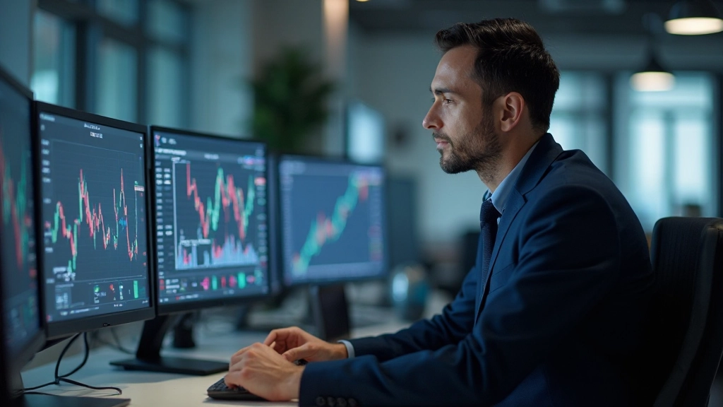 Investmentprofessional, der die Markttrends analysiert und Umschichtungsstrategien überprüft, modernes Analyseterminal, konzentrierte Arbeitssituation