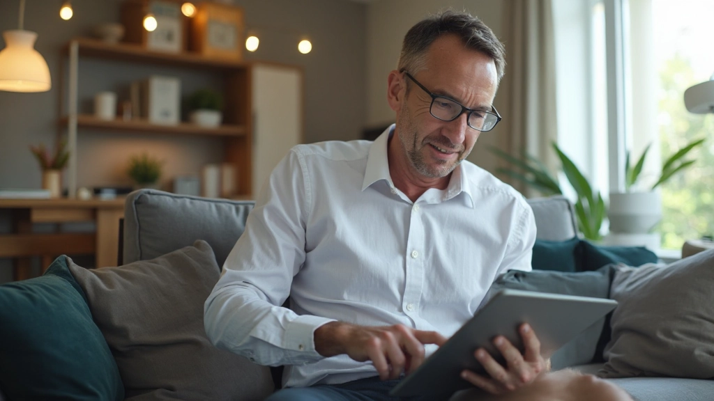 Immobilieneigentümer überprüft Mieteinnahmen und Betriebskosten auf Tablet