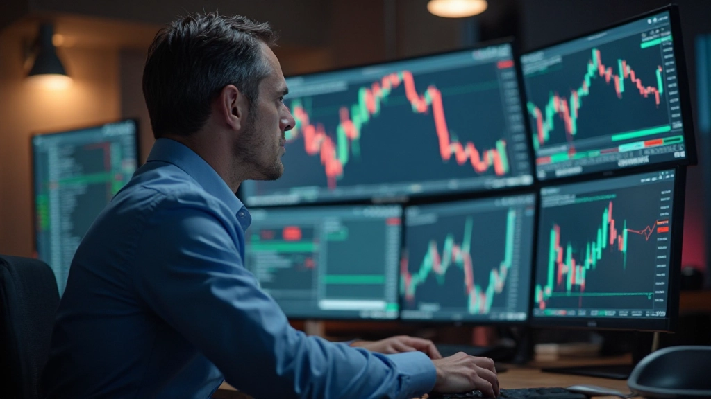 Finanzanalyst, der Risiko-Metriken und Portfolio-Verlustszenarien auf Computerbildschirmen in Risikomanagement-Büro analysiert, professionelle Beleuchtung