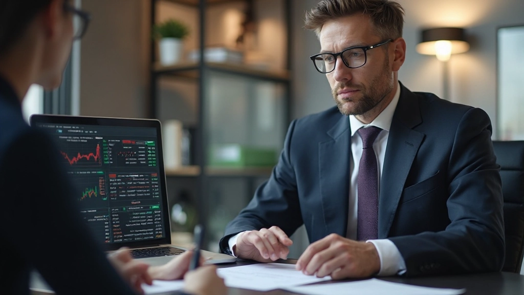 Grafik zeigt Steuerberater mit Client bei der Erklärung von Steuererklärungsdokumenten für Handelsgewinne