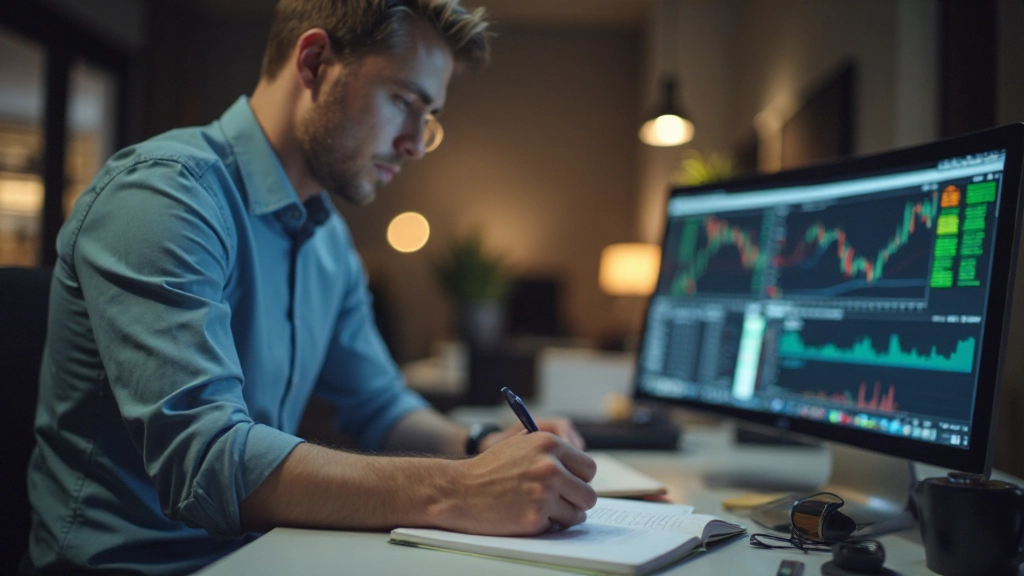 Anfänger notiert Handelskonzepte in Notizbuch mit Finanzcharts auf Schreibtisch