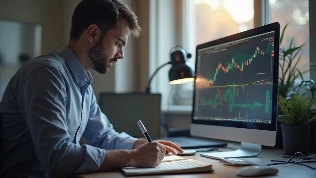 Händler, der ein Handelstagebuch führt und Notizen zu Chartanalysen macht, mit Kaffee am Schreibtisch