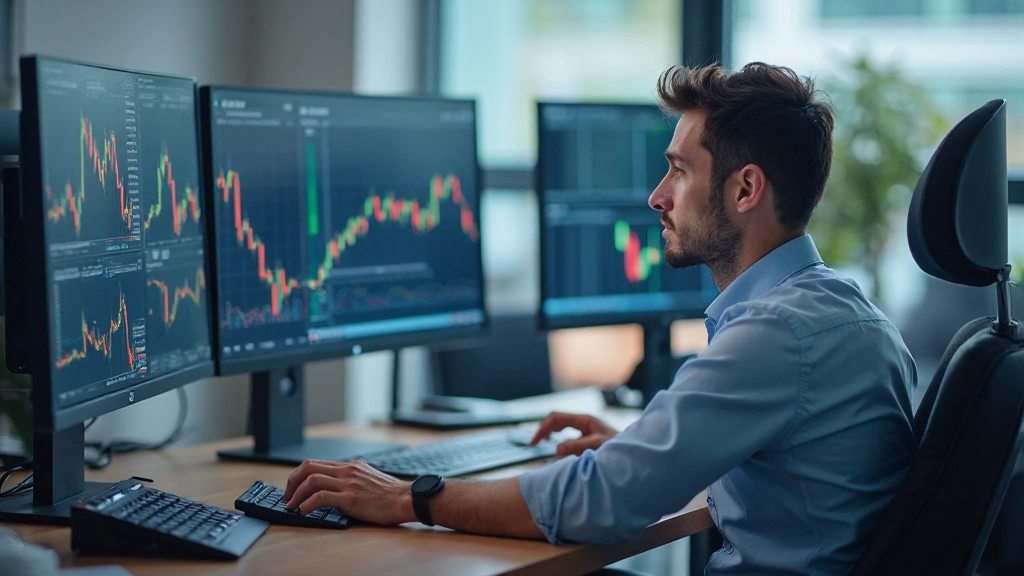 Moderne Handelsplattform mit Echtzeit-Datenvisualisierung und Handelsinstrumenten auf mehreren Bildschirmen