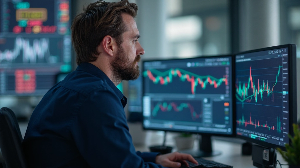 Professioneller Trader analysiert Finanzdiagramme auf mehreren Bildschirmen in modernem Büro