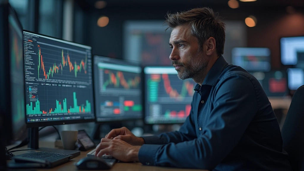 Trader unter Stress bei Marktvolatilität, konzentriert auf die Einhaltung von Risikomanagement-Regeln