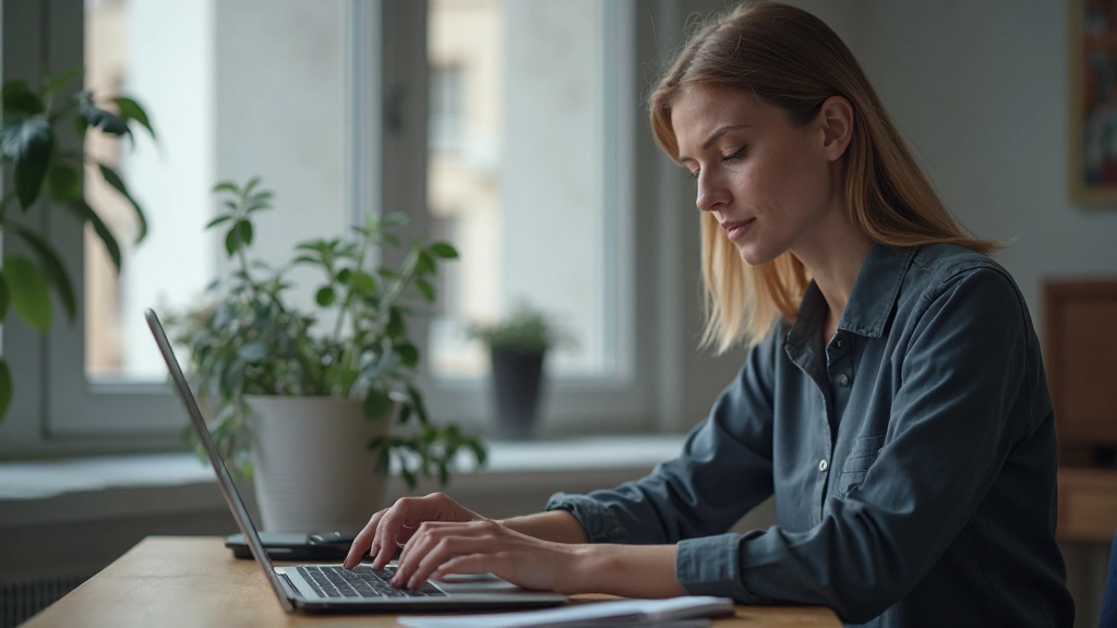 Frau arbeitet mit Finanzanalyse-Software auf ihrem Laptop, modernes Home-Office Setup