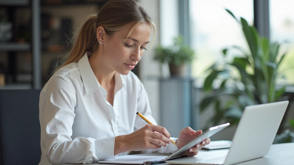 Geschäftsperson vergleicht verschiedene Handelsplattform-Optionen auf Tablet und Notizbuch