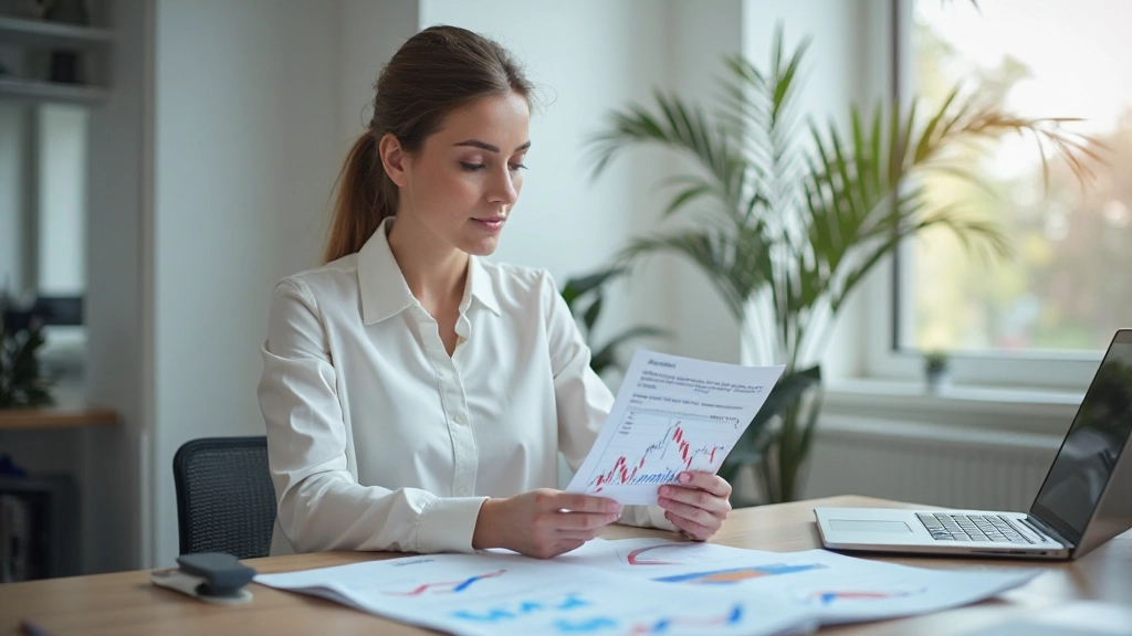 Geschäftsfrau in modernem Büro, die Geschäftsberichte analysiert, konzentriert bei der Arbeit
