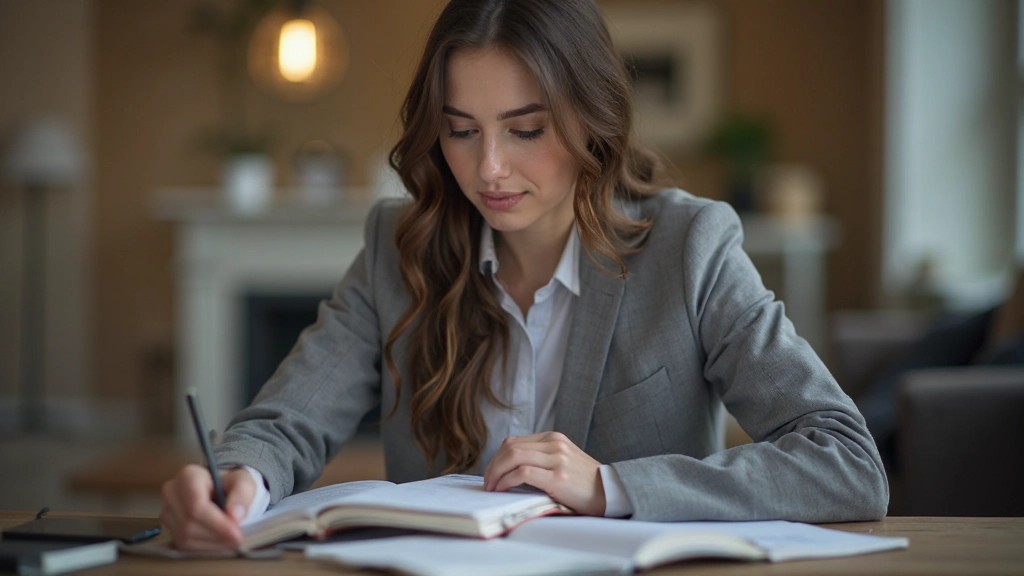 Frau betrachtet Trading-Journal und handschriftliche Notizen auf ihrem Schreibtisch mit Kaffeetasse und Notizbuch