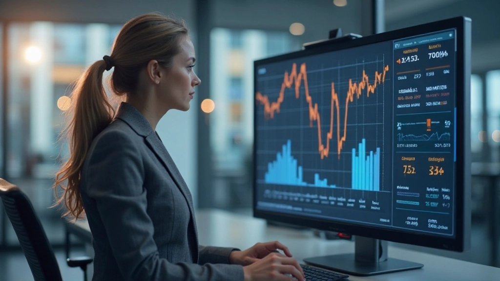 Geschäftsfrau in grauem Anzug analysiert Geschäftskennzahlen und Leistungsindikatoren auf großem Monitor