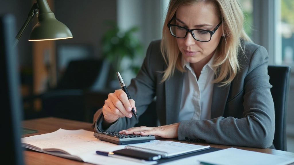Frau mit Kalkulator und Risikomanagement-Tabelle, die Handelsparameter auf Papier dokumentiert