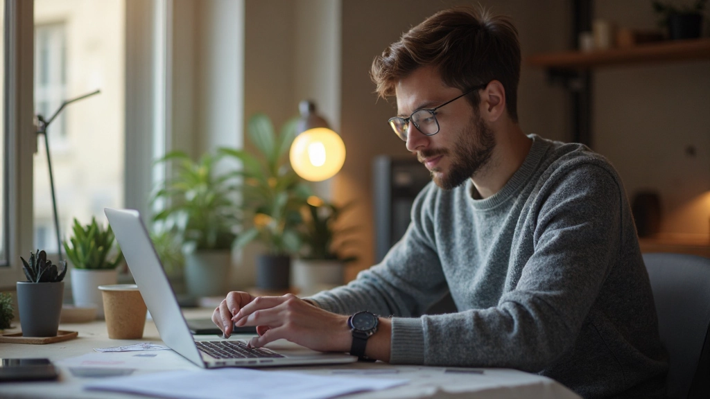 Junger Investor studiert Markttrends und Finanzberichte an seinem Laptop